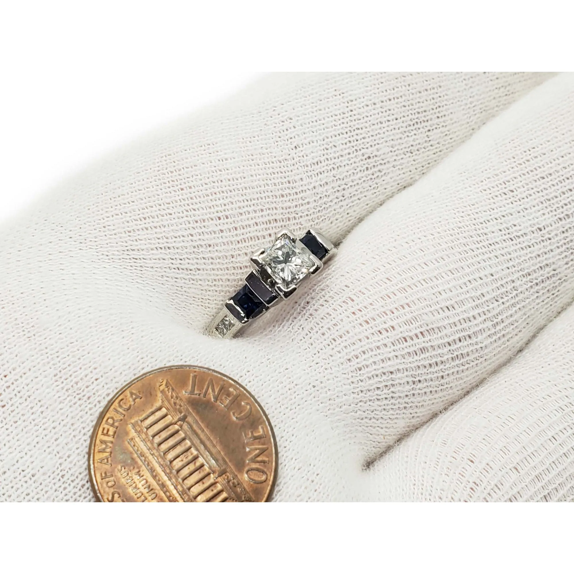 0.8 ctw Natural Princess Diamond & Sapphire Ring Platinum Size 4