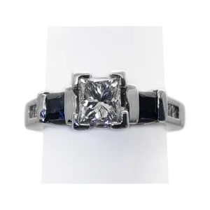 0.8 ctw Natural Princess Diamond & Sapphire Ring Platinum Size 4
