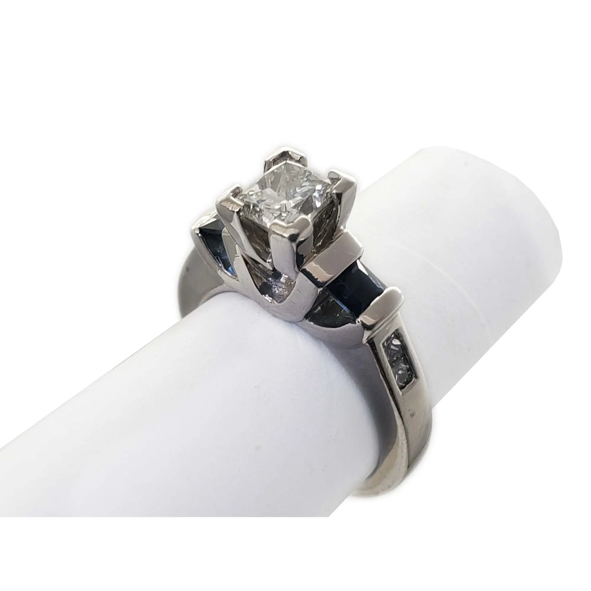 0.8 ctw Natural Princess Diamond & Sapphire Ring Platinum Size 4