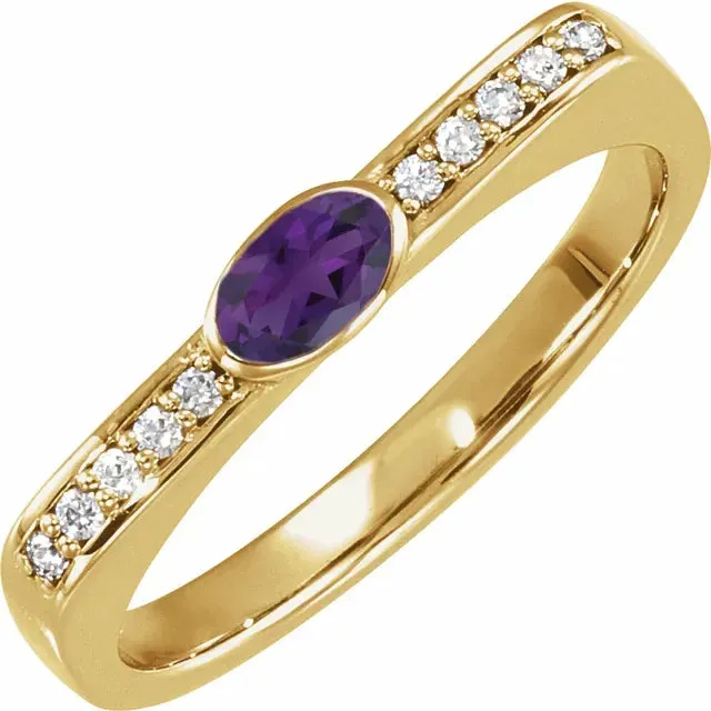 14K Gold Oval Amethyst and Diamond Accented Ring