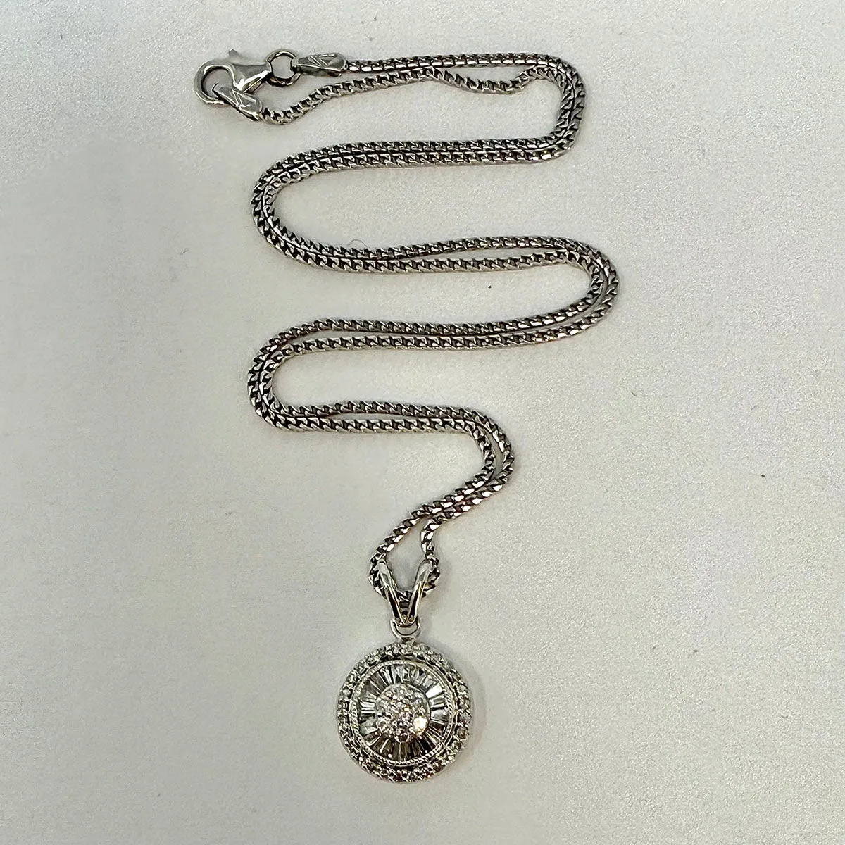 14K White Gold 16" Necklace with Round Diamond Embellished Pendant
