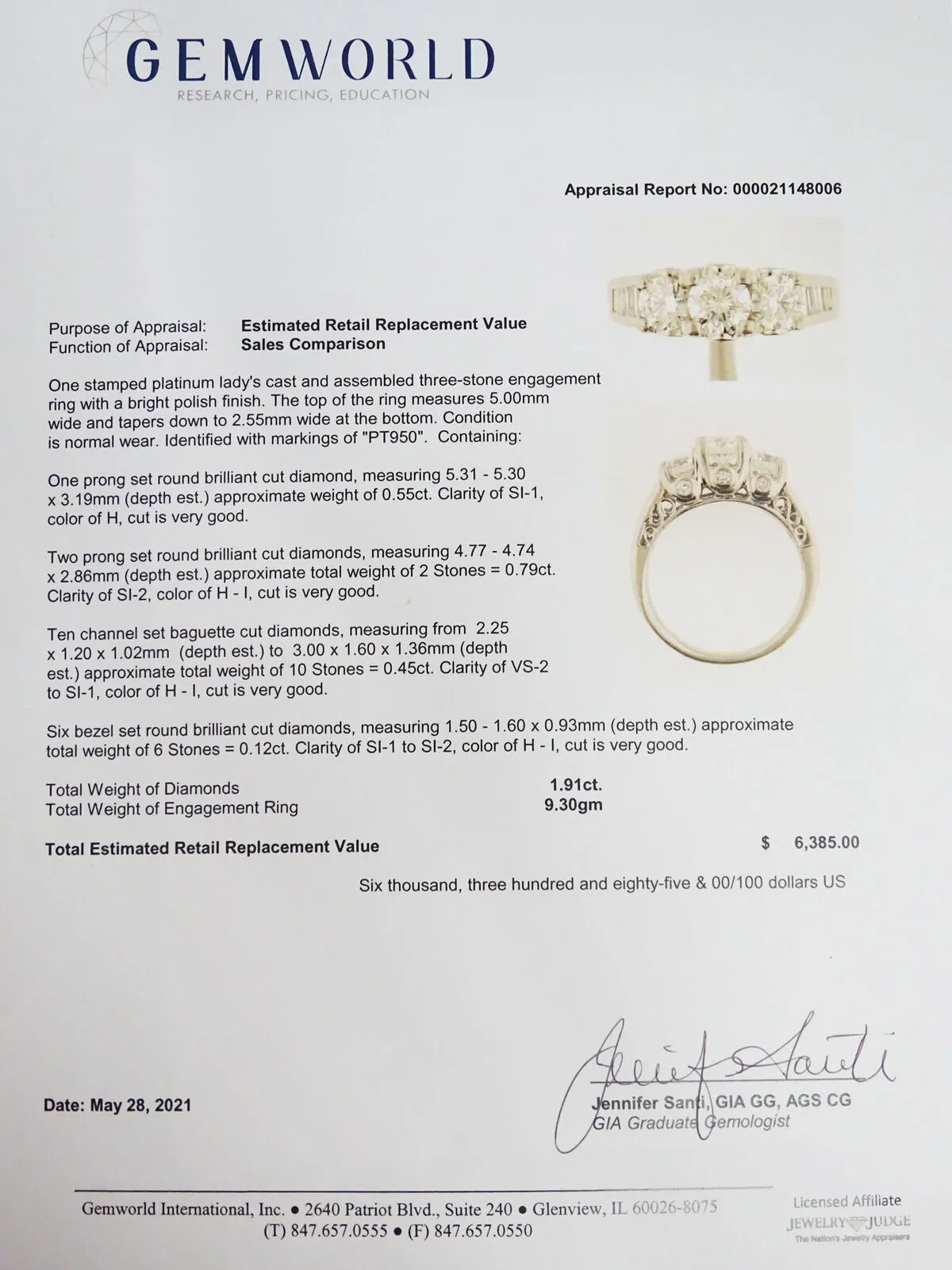 1.91ct tw 3-Stone Earth Mined Diamond Engagement Ring Platinum Size 7.25
