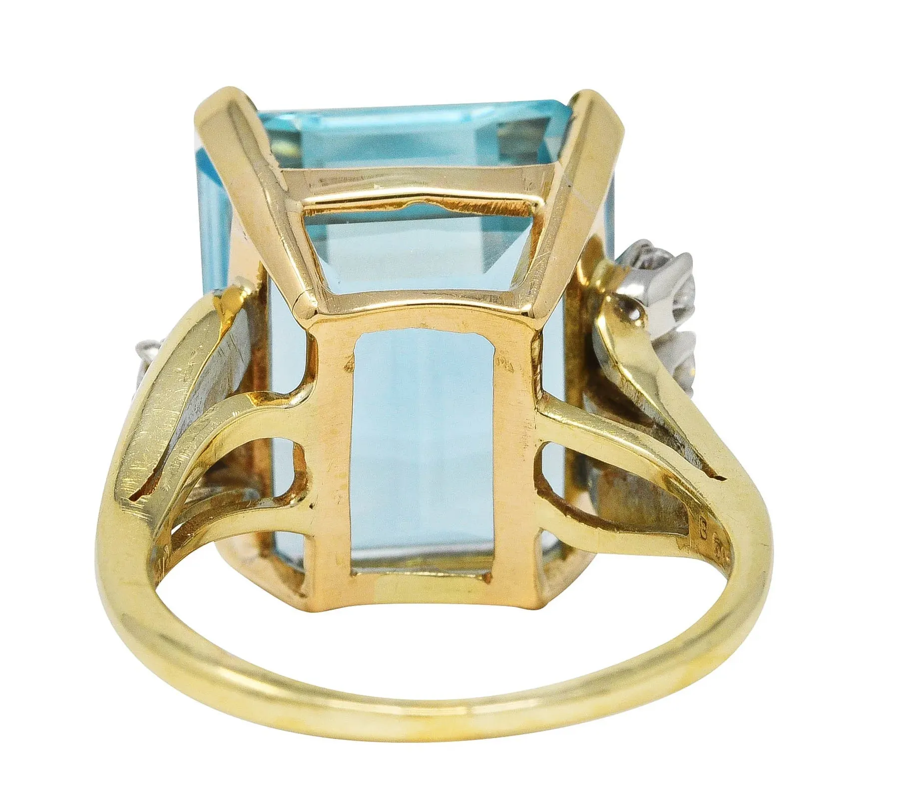 1940'S J.E. CALDWELL RETRO 10.15 AQUAMARINE DIAMOND 14 KARAT TWO-TONE COCKTAIL RING