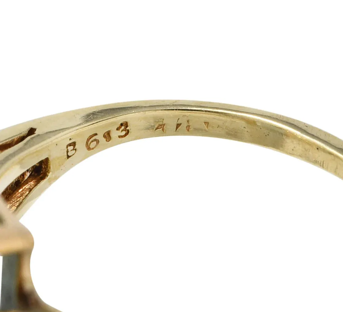 1940'S J.E. CALDWELL RETRO 10.15 AQUAMARINE DIAMOND 14 KARAT TWO-TONE COCKTAIL RING