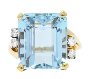 1940'S J.E. CALDWELL RETRO 10.15 AQUAMARINE DIAMOND 14 KARAT TWO-TONE COCKTAIL RING