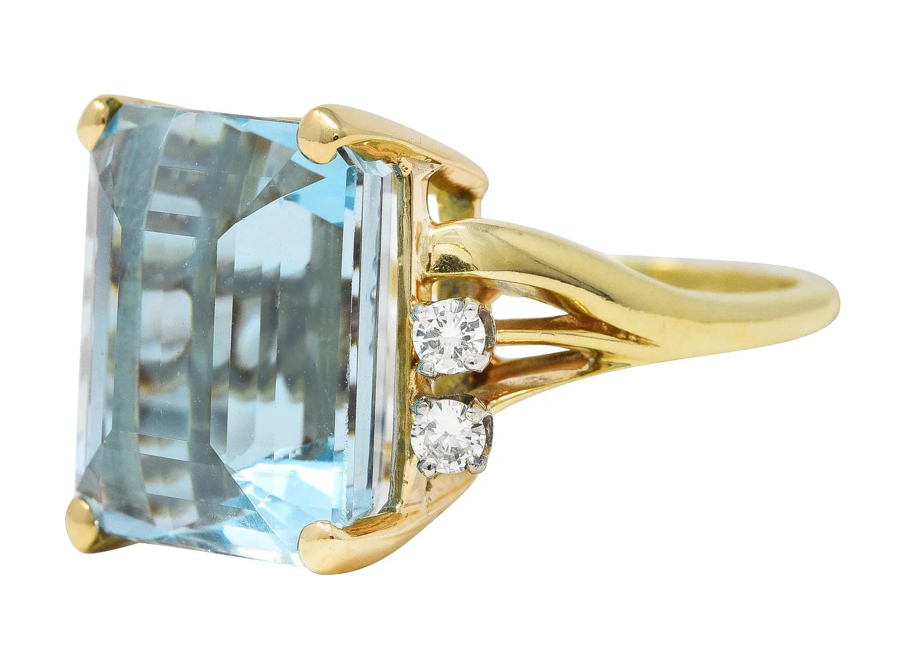 1940'S J.E. CALDWELL RETRO 10.15 AQUAMARINE DIAMOND 14 KARAT TWO-TONE COCKTAIL RING