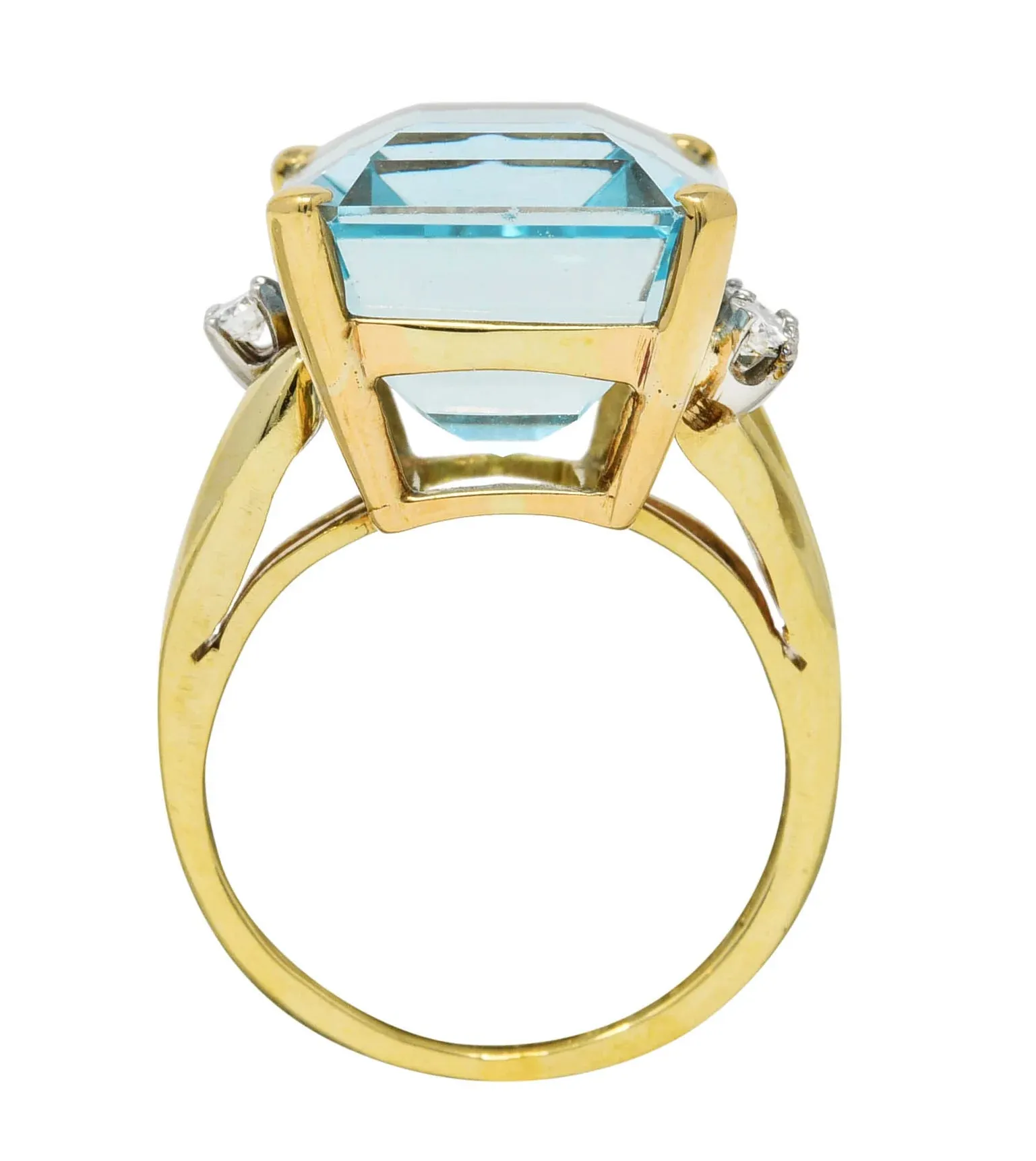 1940'S J.E. CALDWELL RETRO 10.15 AQUAMARINE DIAMOND 14 KARAT TWO-TONE COCKTAIL RING