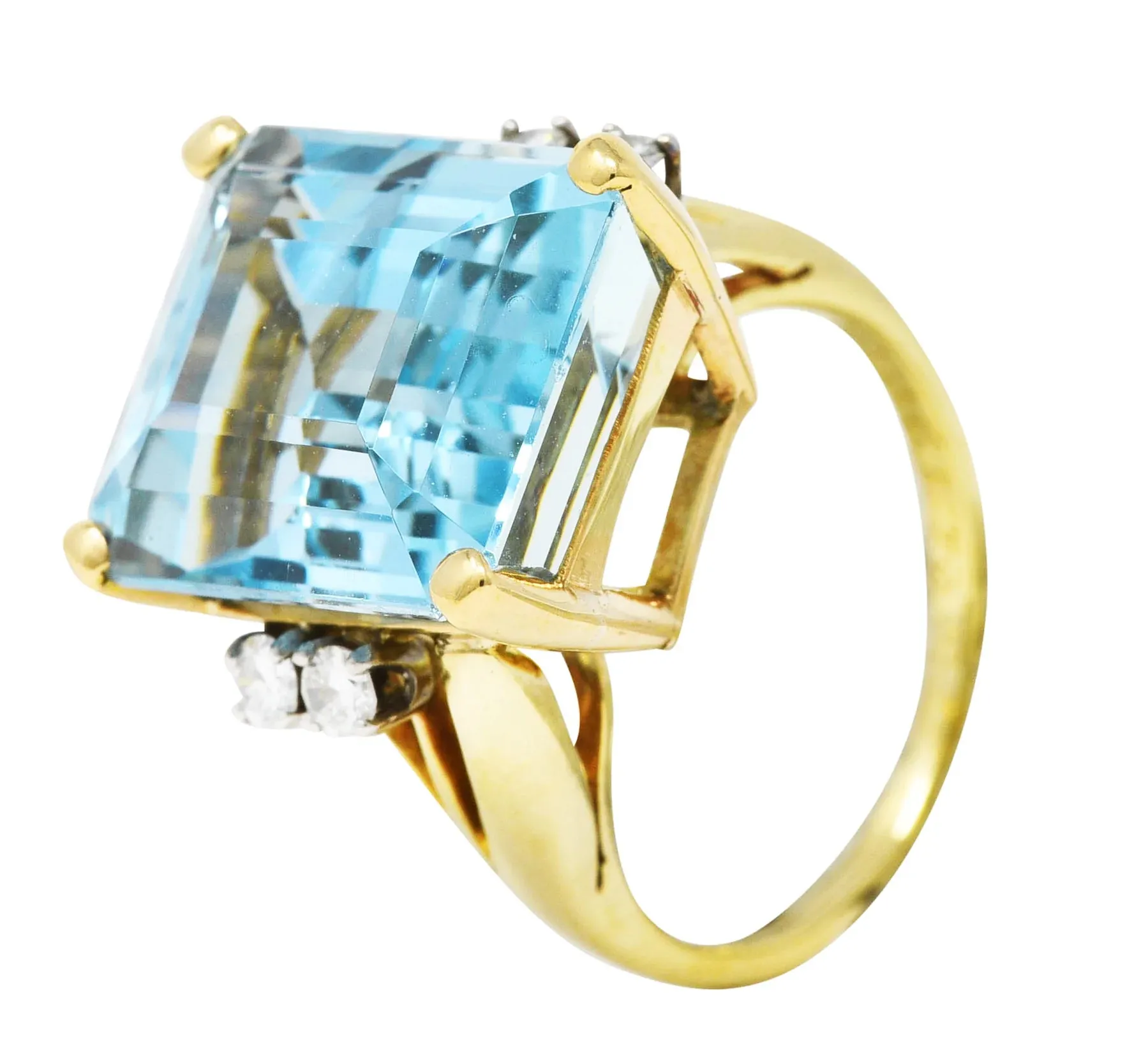 1940'S J.E. CALDWELL RETRO 10.15 AQUAMARINE DIAMOND 14 KARAT TWO-TONE COCKTAIL RING