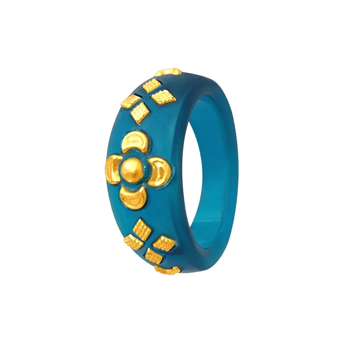 22KT (916) Yellow Gold Blue Pola Ring With Floral Embellishments For Women & Girls (Size 13)