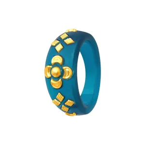 22KT (916) Yellow Gold Blue Pola Ring With Floral Embellishments For Women & Girls (Size 13)