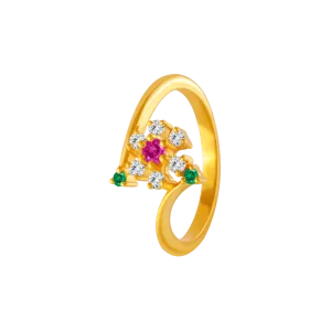 22KT Yellow Gold, American Diamond And Ruby Ring For Women