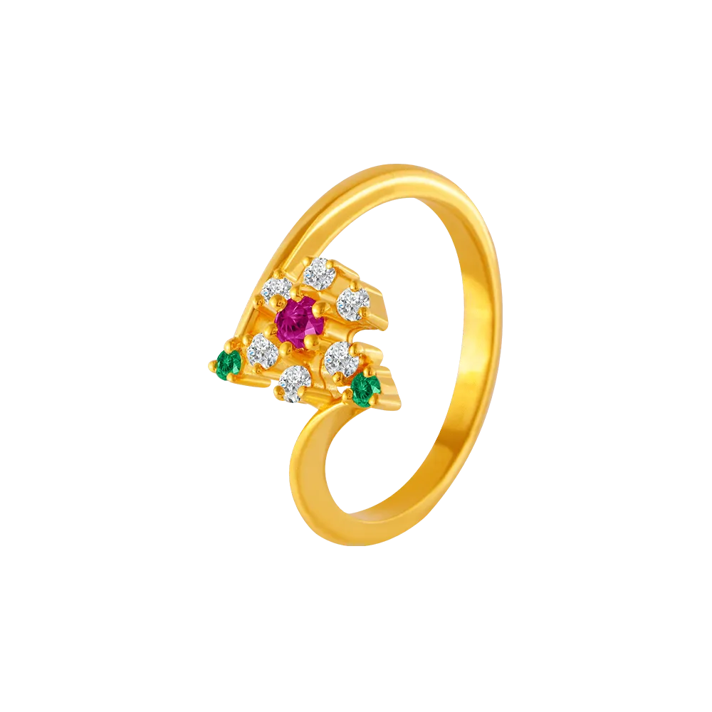 22KT Yellow Gold, American Diamond And Ruby Ring For Women