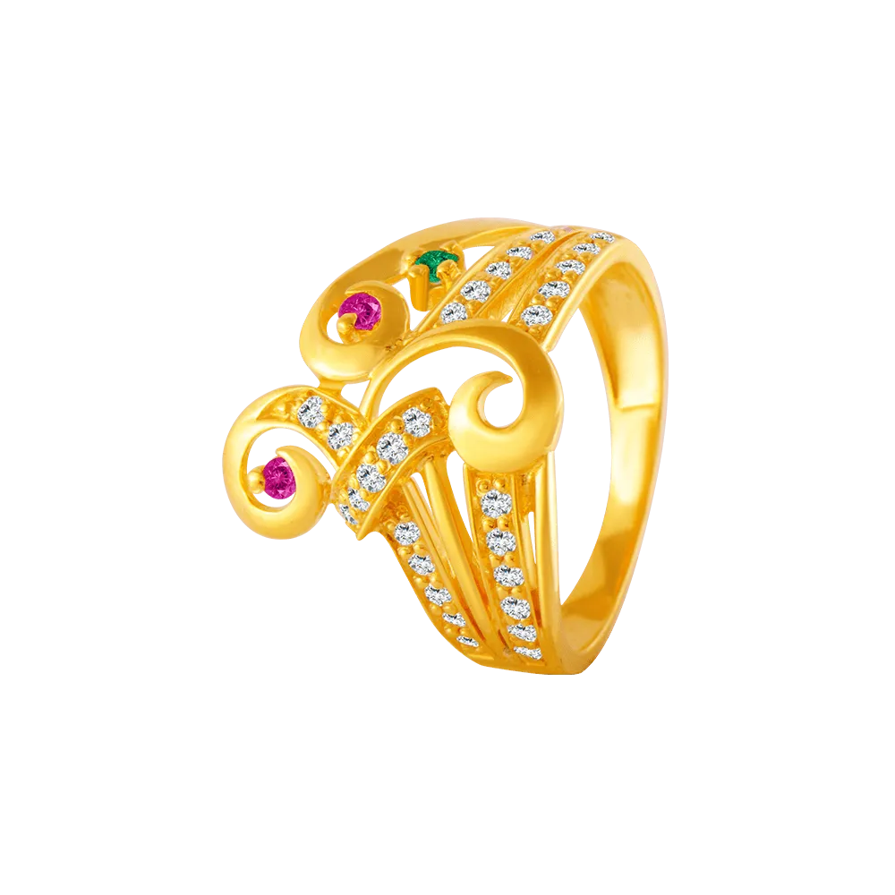 22KT Yellow Gold, American Diamond And Ruby Ring For Women