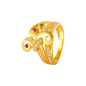 22KT Yellow Gold, American Diamond And Ruby Ring For Women