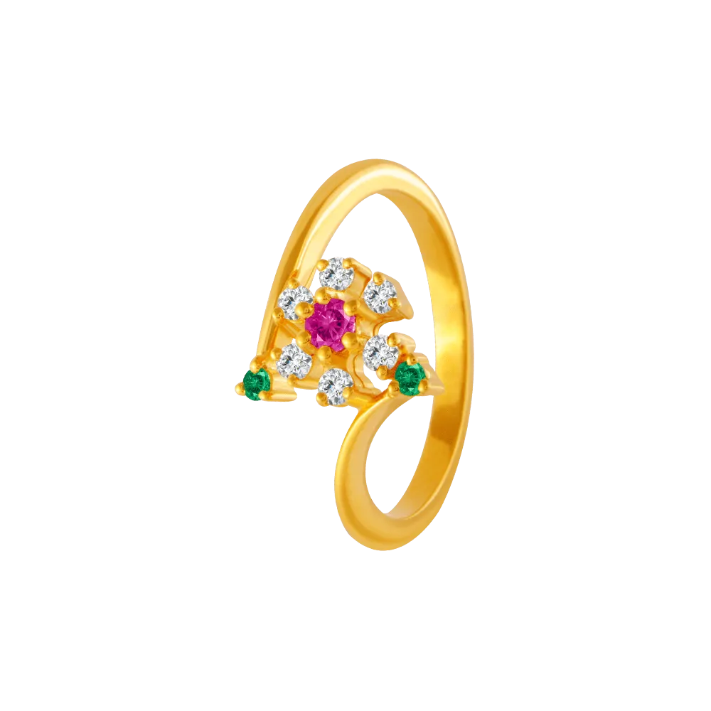 22KT Yellow Gold, American Diamond And Ruby Ring For Women