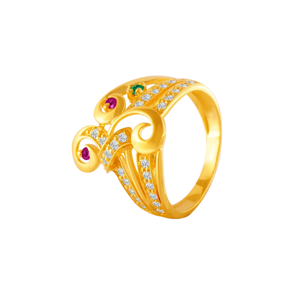 22KT Yellow Gold, American Diamond And Ruby Ring For Women