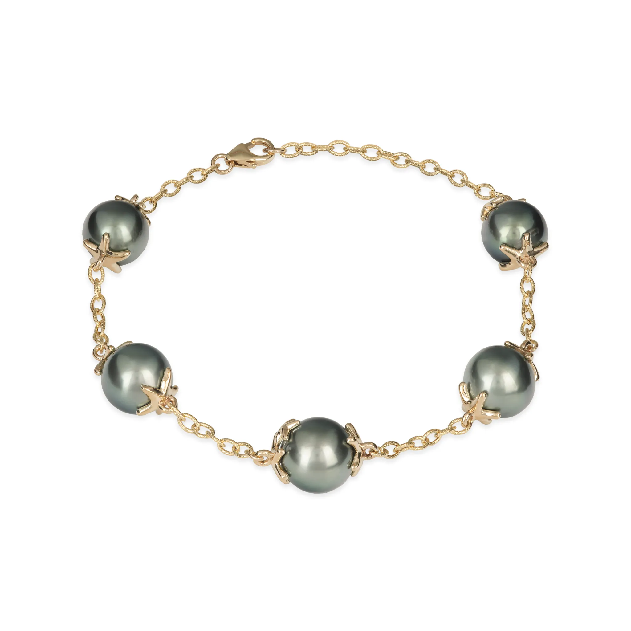 7-8.25" Adjustable Reefs Starfish Tahitian Black Pearl Bracelet in Gold - 10-11mm