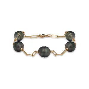 7.5-8" Paperclip Chain Tahitian Black Pearl Bracelet in Gold - 9-10mm