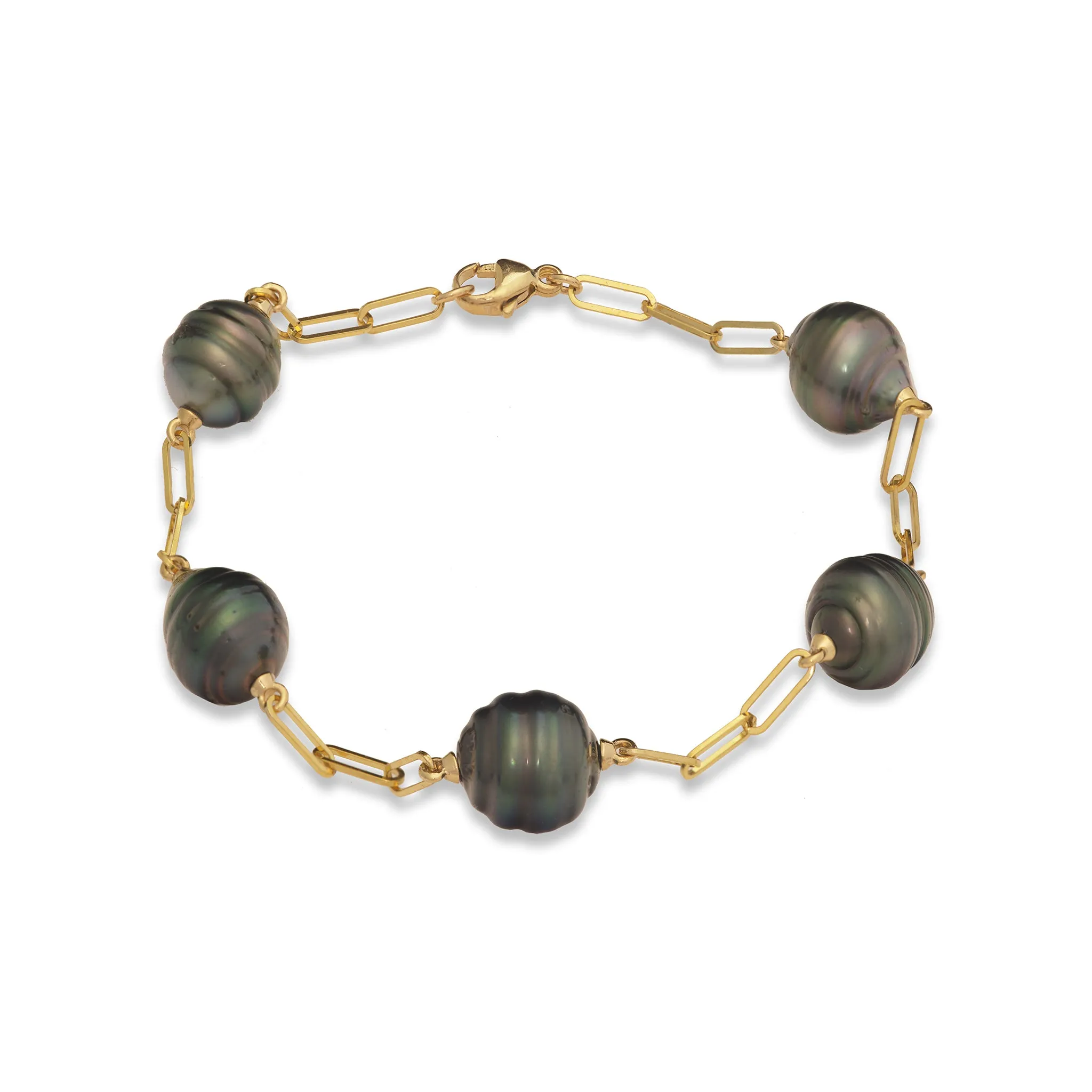 7.5-8" Paperclip Chain Tahitian Black Pearl Bracelet in Gold - 9-10mm