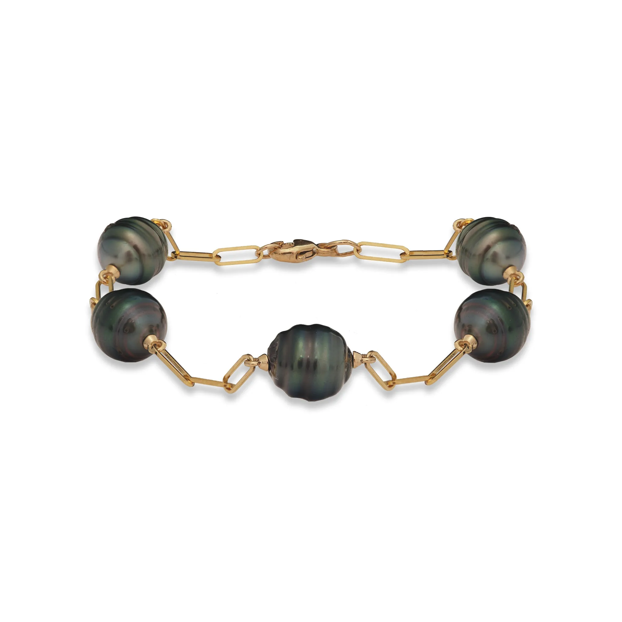 7.5-8" Paperclip Chain Tahitian Black Pearl Bracelet in Gold - 9-10mm