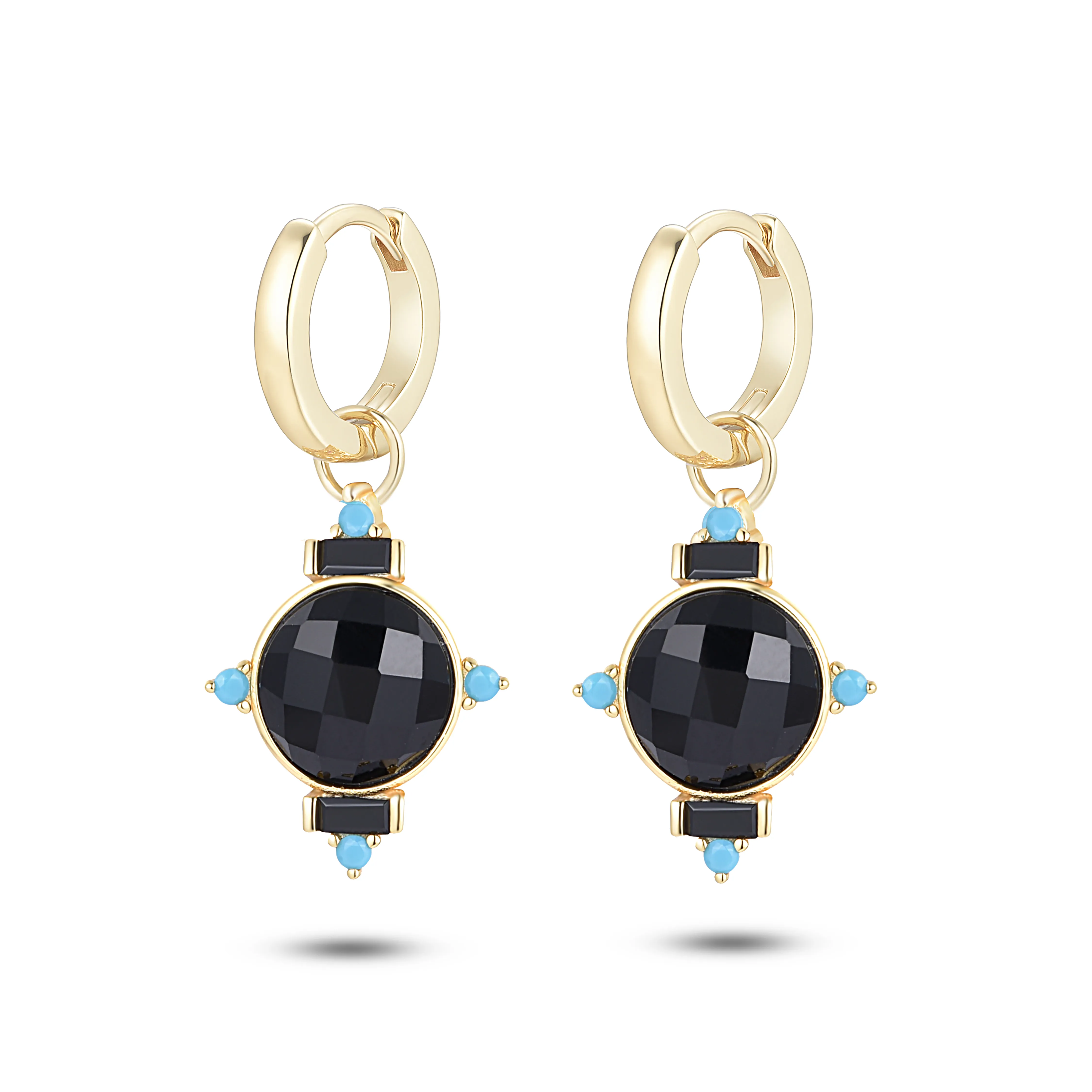 925 Silver earrings gilded with 18k yellow gold assembled with black Onyx and Turquoise