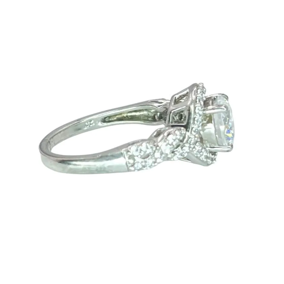 925 Silver Round Cut CZ Halo Ring Size 6.75 Engagement Wedding Twisted Band