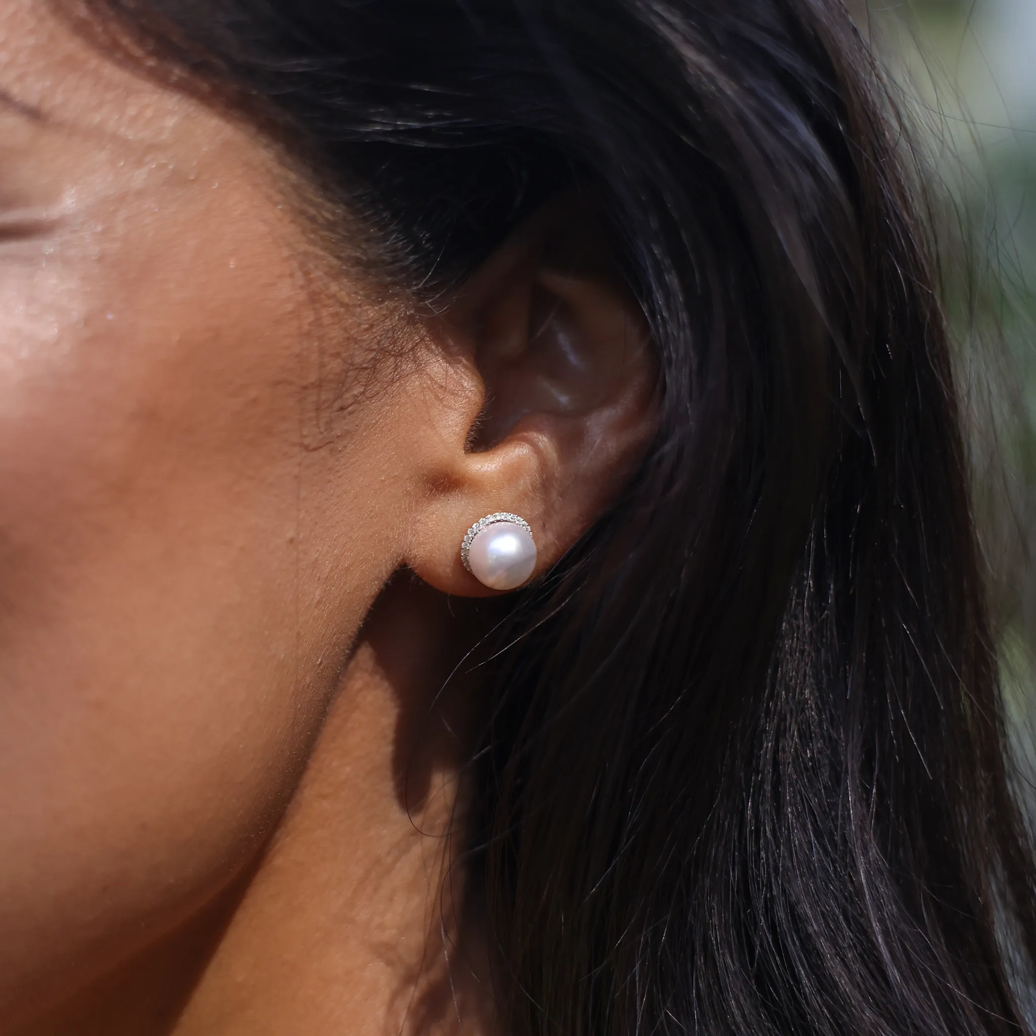 Akoya White Pearl Halo Earrings in Gold with Diamonds - 8-8.5mm