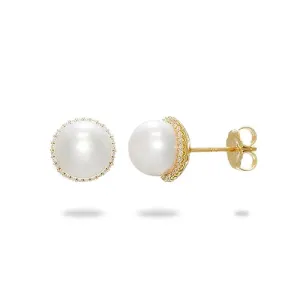 Akoya White Pearl Halo Earrings in Gold with Diamonds - 8-8.5mm