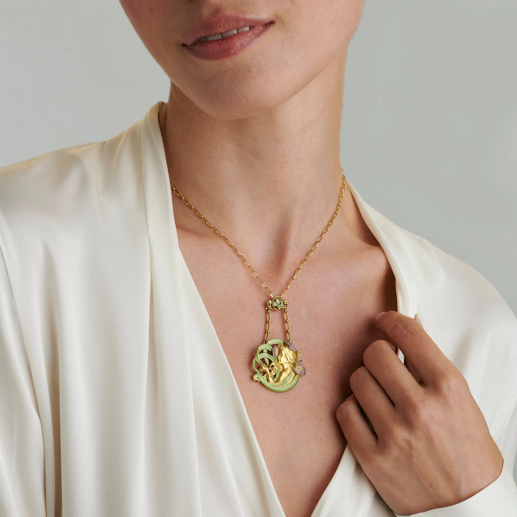 Andr?? Rambour "Femme-Fleur" Enamel Gold Pendant Necklace