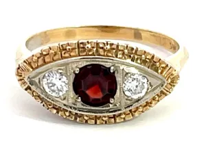 Art Deco Rubellite Garnet and Diamond Eye Ring in 14k Yellow Gold