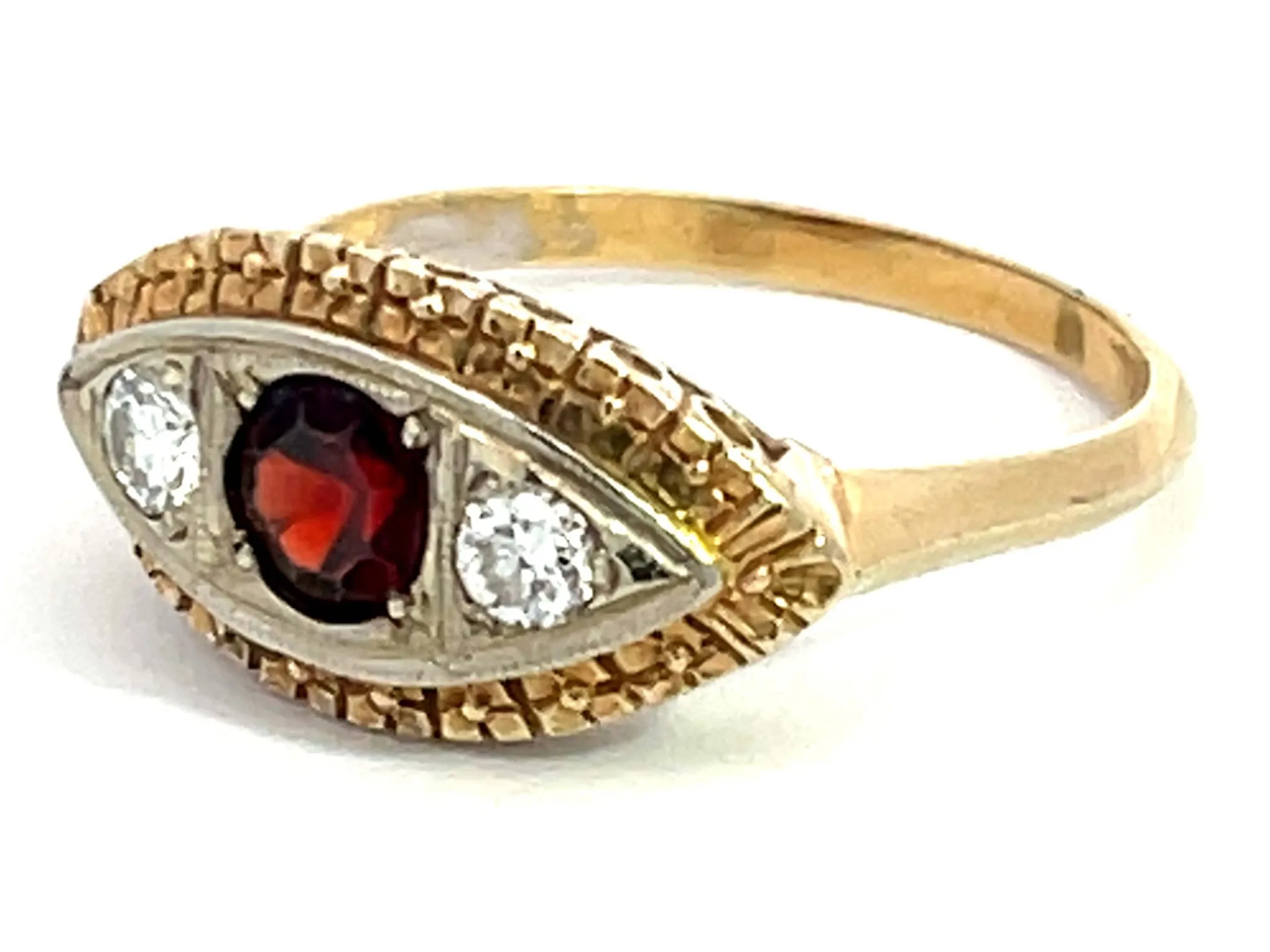Art Deco Rubellite Garnet and Diamond Eye Ring in 14k Yellow Gold