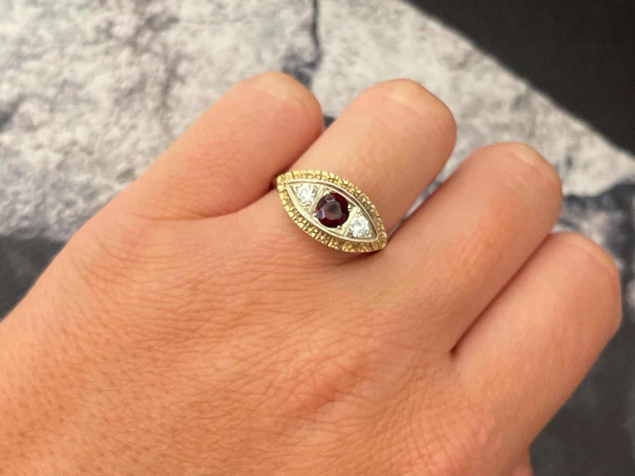 Art Deco Rubellite Garnet and Diamond Eye Ring in 14k Yellow Gold
