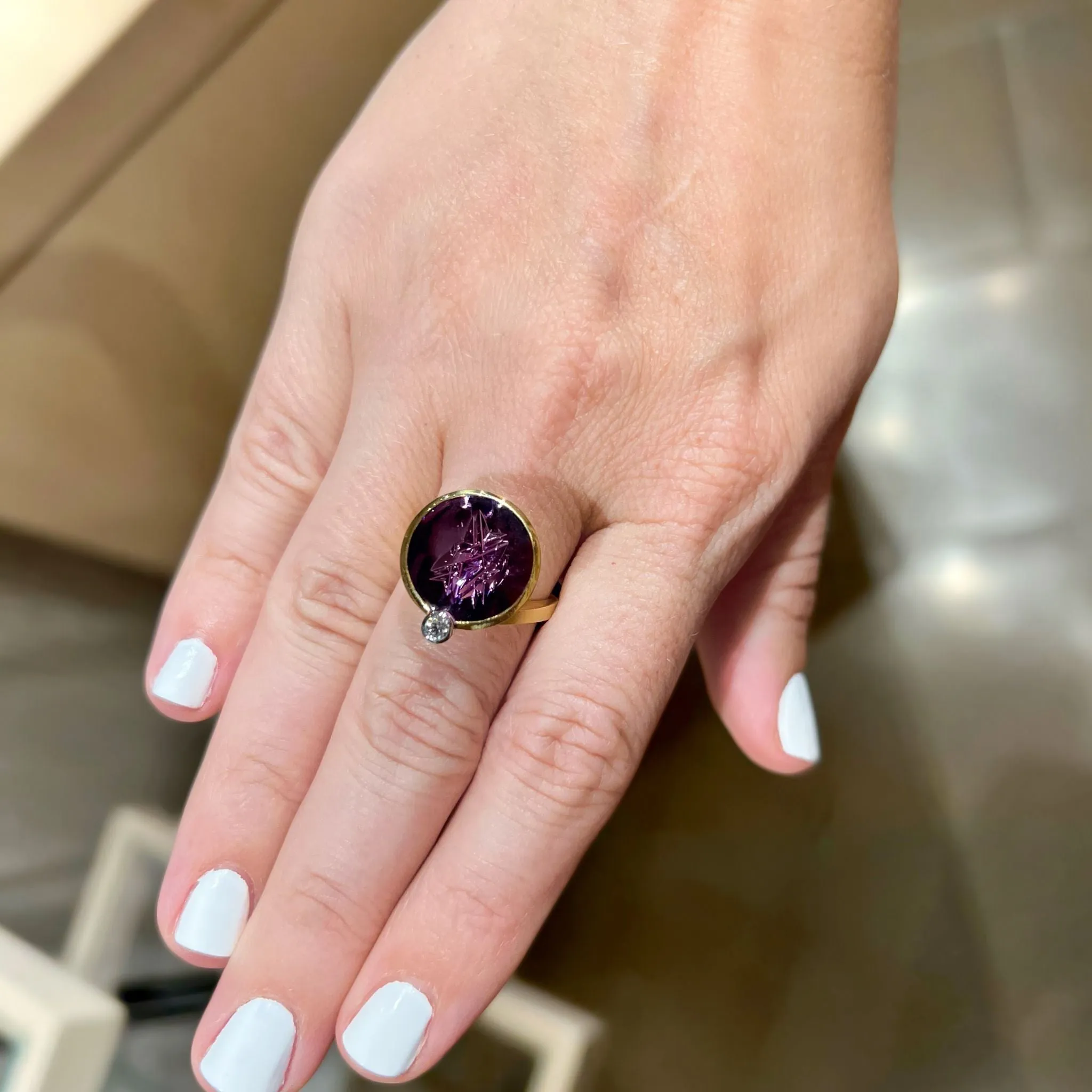 Atelier Munsteiner Amethyst Diamond Hand-Carved Gold Ring