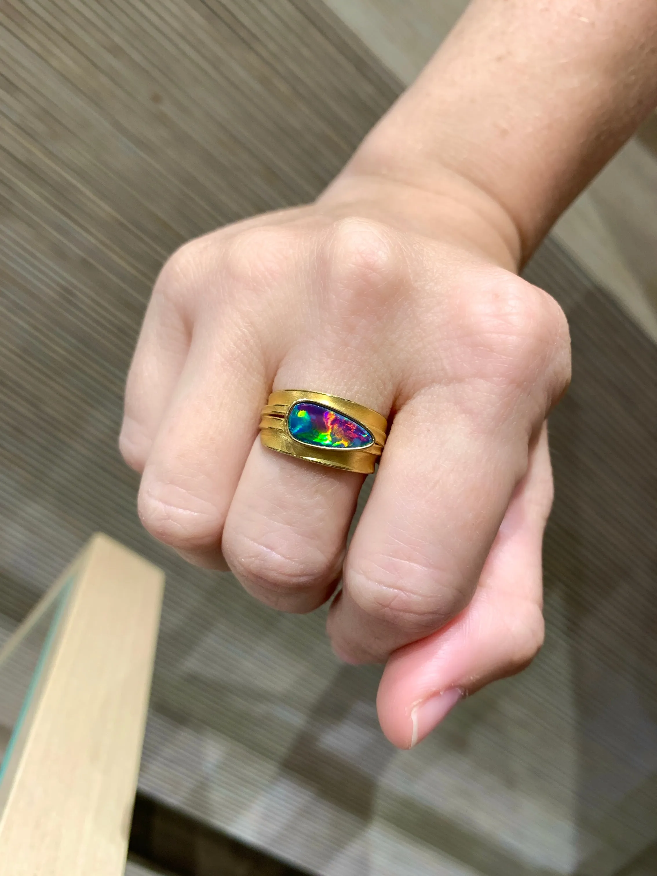 Barbara Heinrich One of a Kind Rolling Flash Opal Gold Blade of Grass Ring