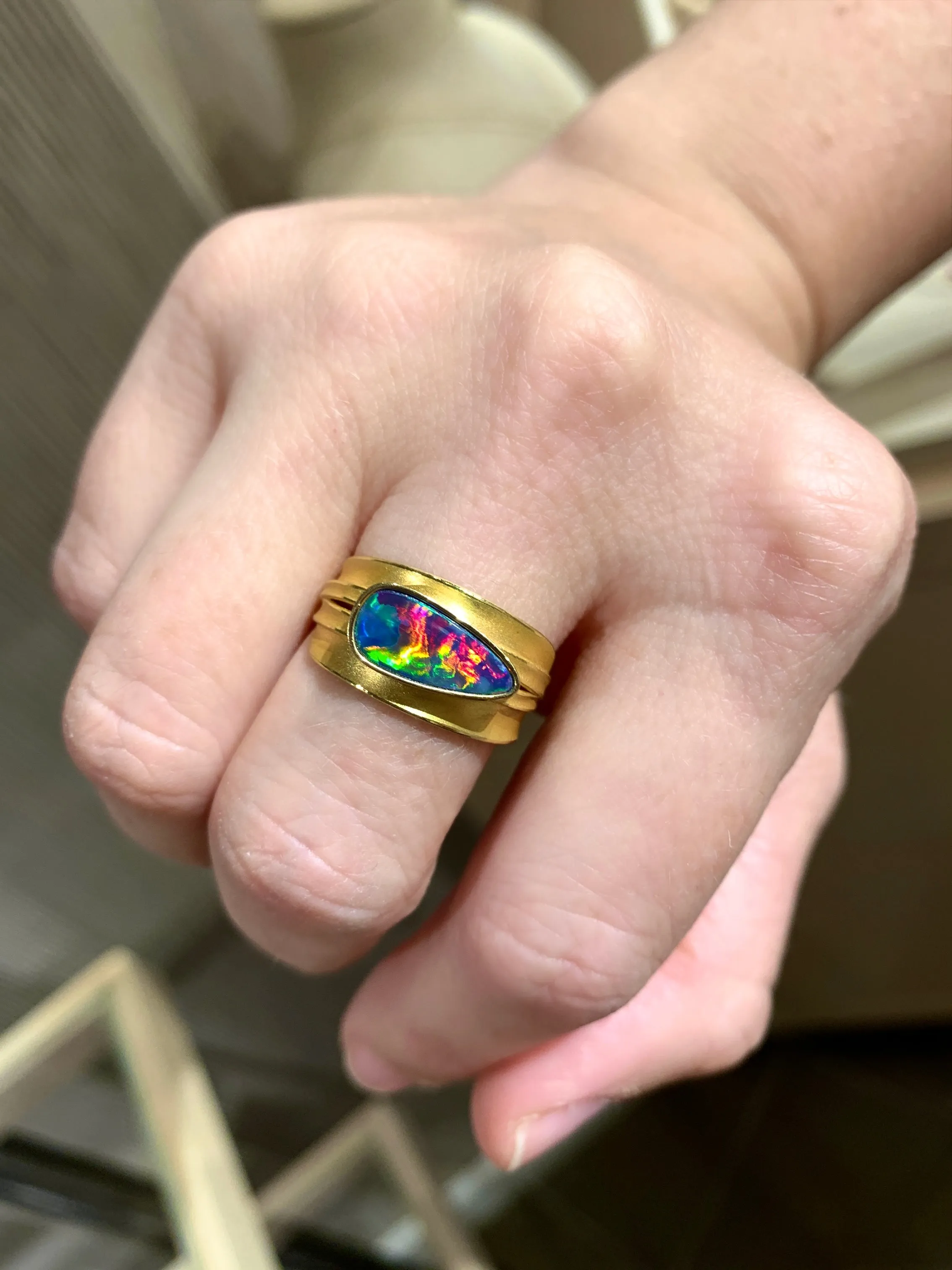 Barbara Heinrich One of a Kind Rolling Flash Opal Gold Blade of Grass Ring