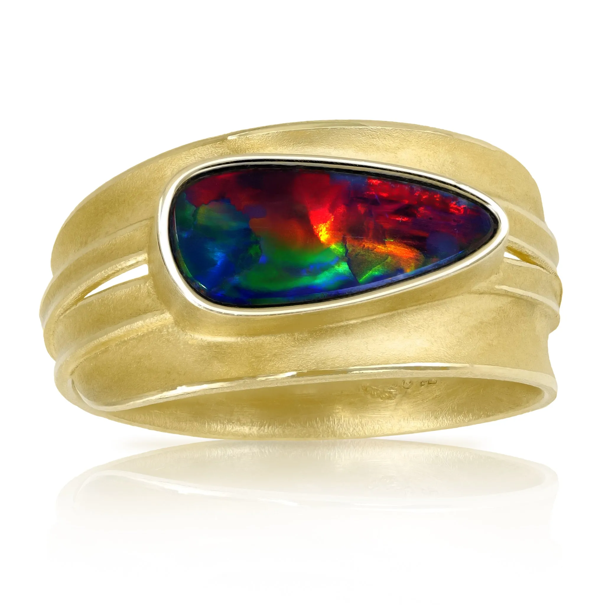 Barbara Heinrich One of a Kind Rolling Flash Opal Gold Blade of Grass Ring