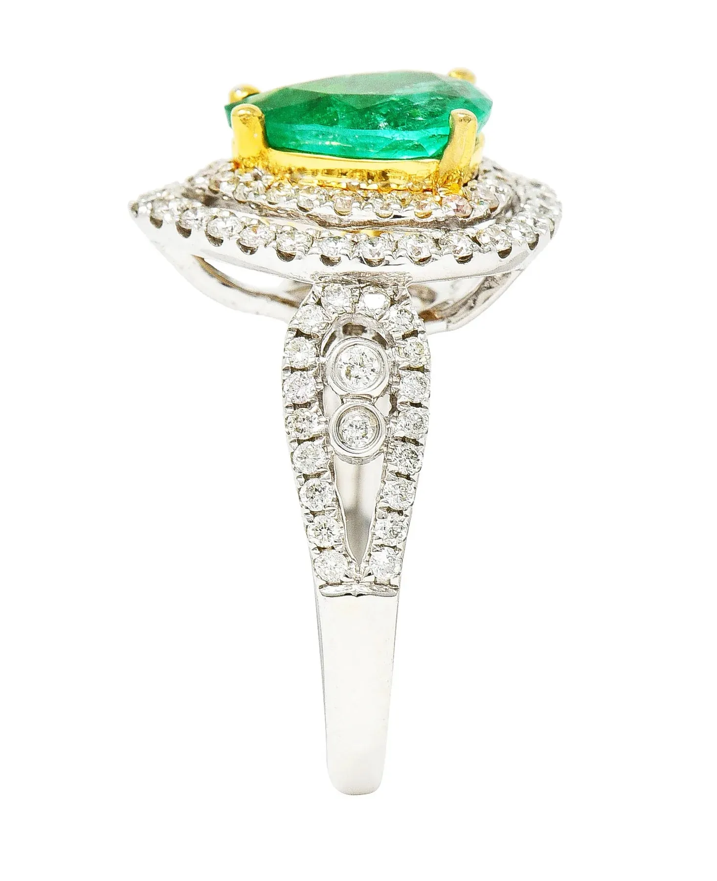 CONTEMPORARY 2.00 CTW EMERALD DIAMOND 14 KARAT TWO-TONE GOLD DOUBLE HALO RING
