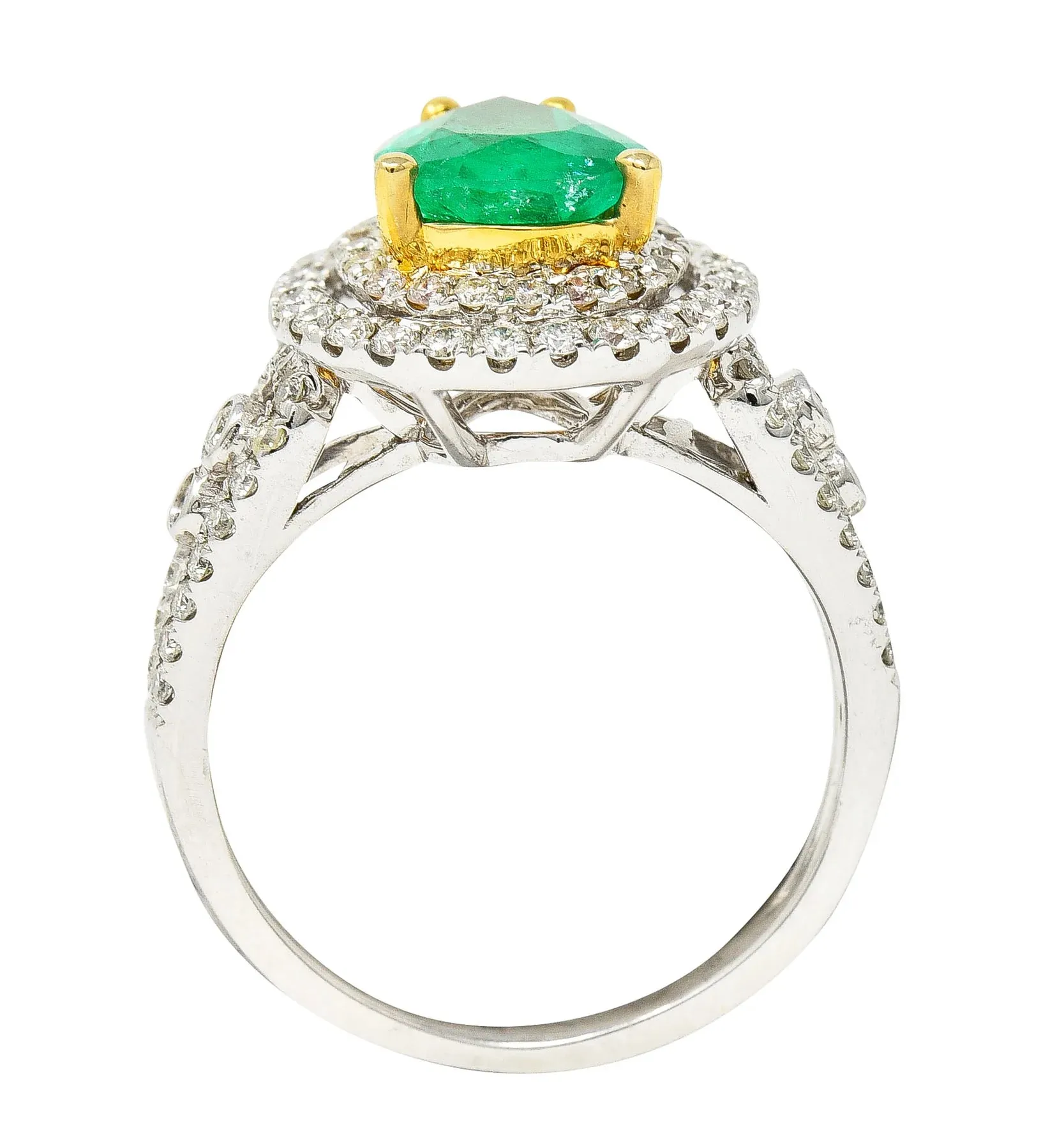 CONTEMPORARY 2.00 CTW EMERALD DIAMOND 14 KARAT TWO-TONE GOLD DOUBLE HALO RING