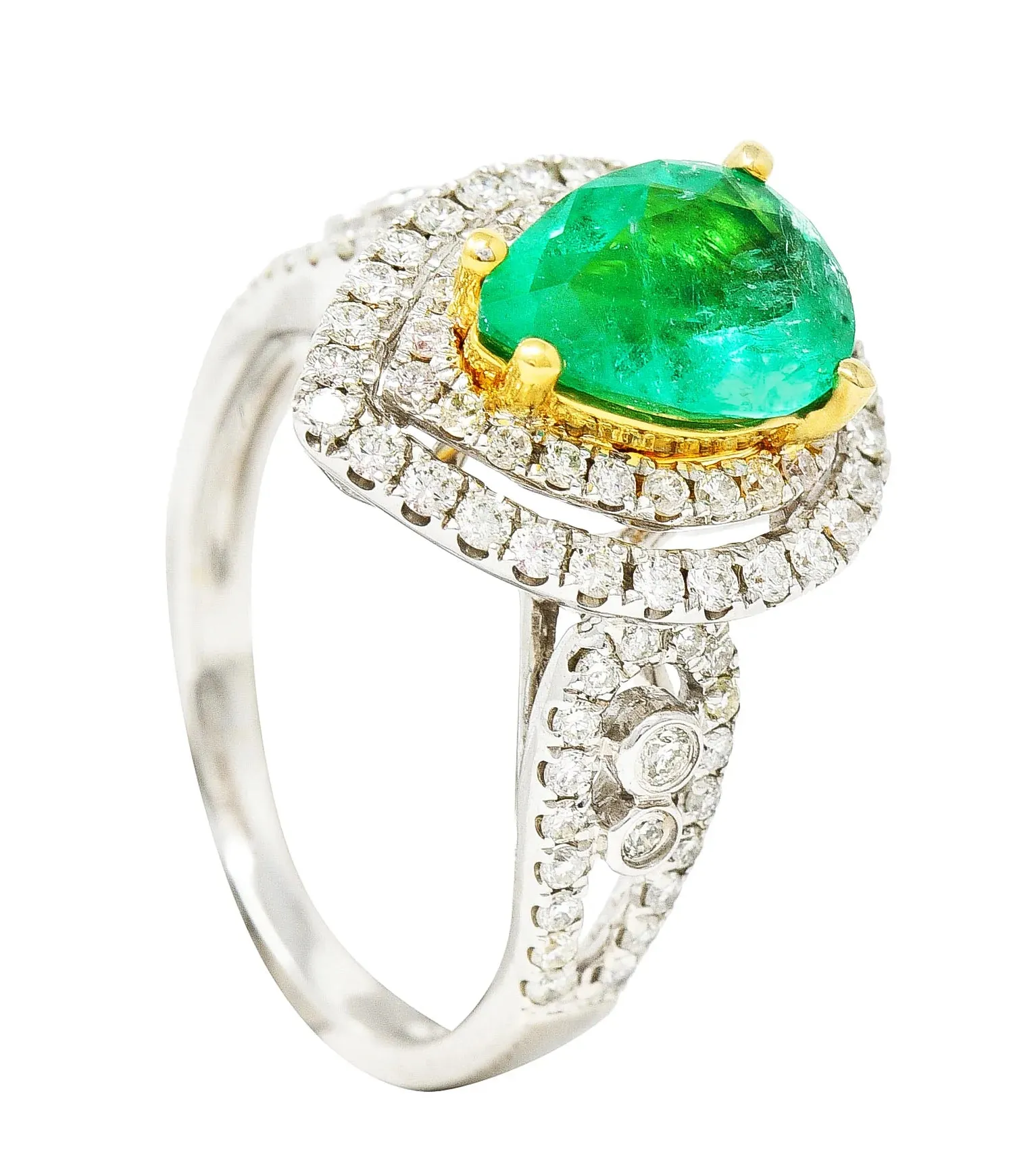 CONTEMPORARY 2.00 CTW EMERALD DIAMOND 14 KARAT TWO-TONE GOLD DOUBLE HALO RING
