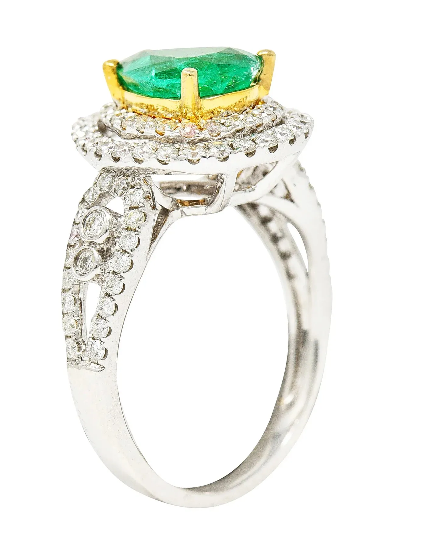 CONTEMPORARY 2.00 CTW EMERALD DIAMOND 14 KARAT TWO-TONE GOLD DOUBLE HALO RING