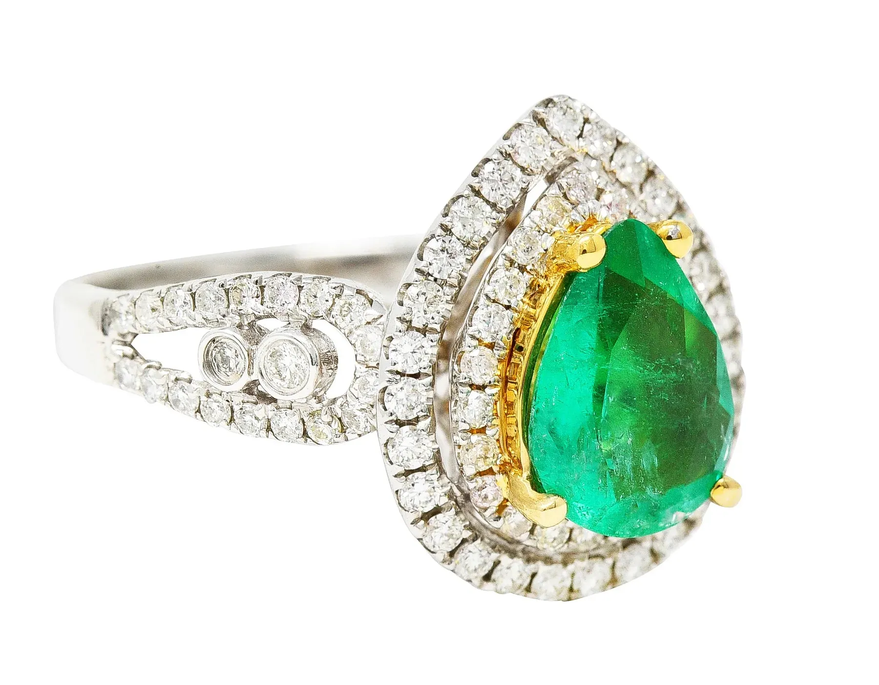 CONTEMPORARY 2.00 CTW EMERALD DIAMOND 14 KARAT TWO-TONE GOLD DOUBLE HALO RING