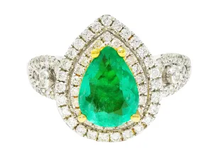 CONTEMPORARY 2.00 CTW EMERALD DIAMOND 14 KARAT TWO-TONE GOLD DOUBLE HALO RING