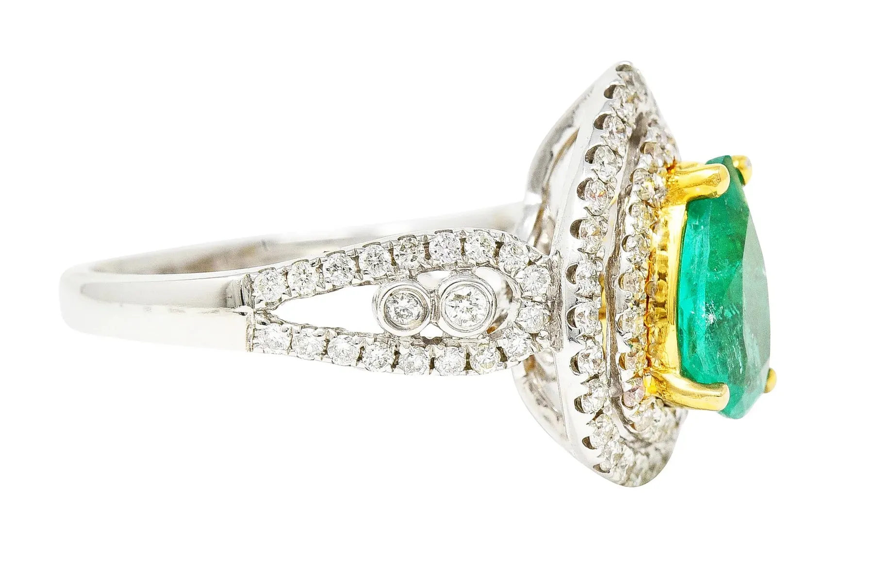 CONTEMPORARY 2.00 CTW EMERALD DIAMOND 14 KARAT TWO-TONE GOLD DOUBLE HALO RING