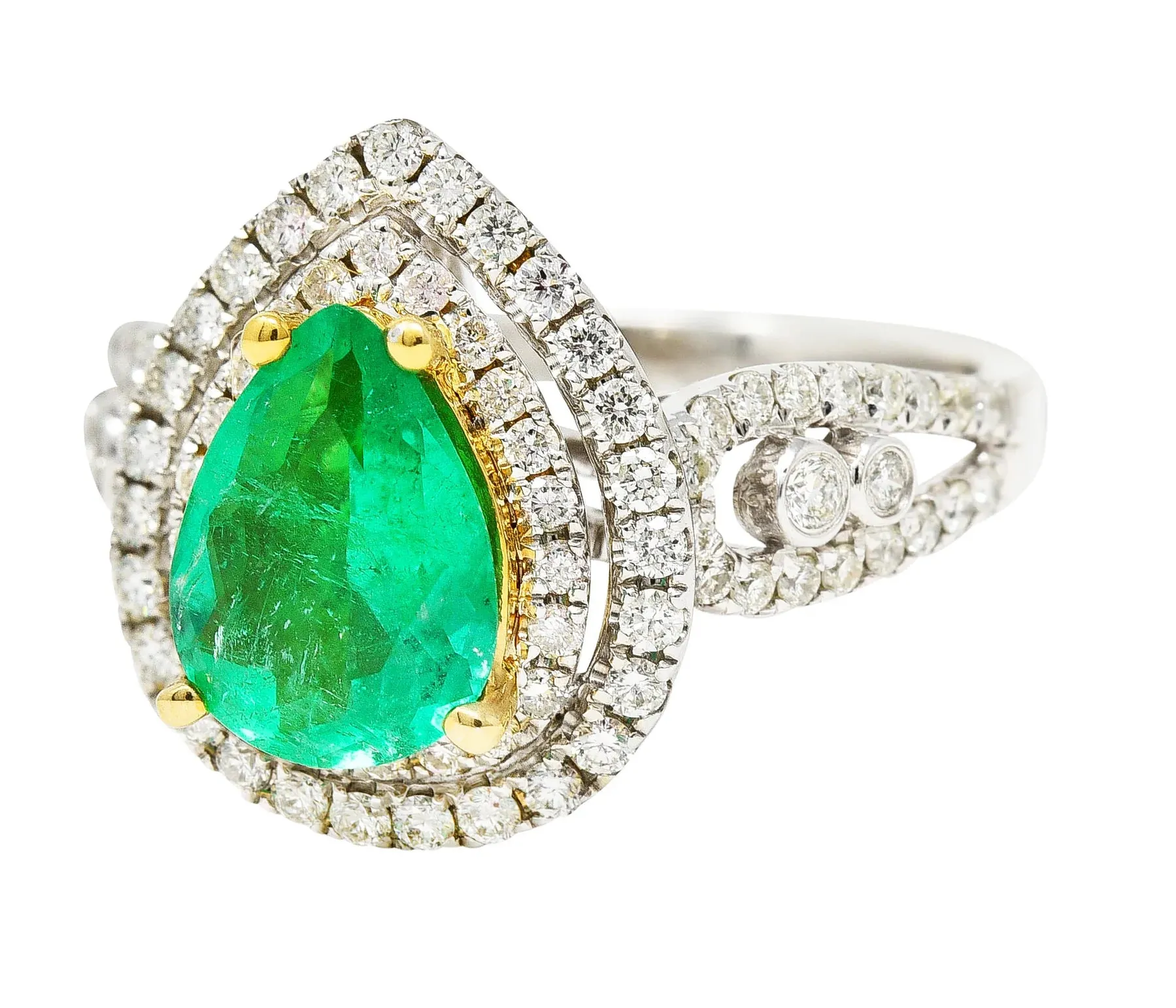 CONTEMPORARY 2.00 CTW EMERALD DIAMOND 14 KARAT TWO-TONE GOLD DOUBLE HALO RING