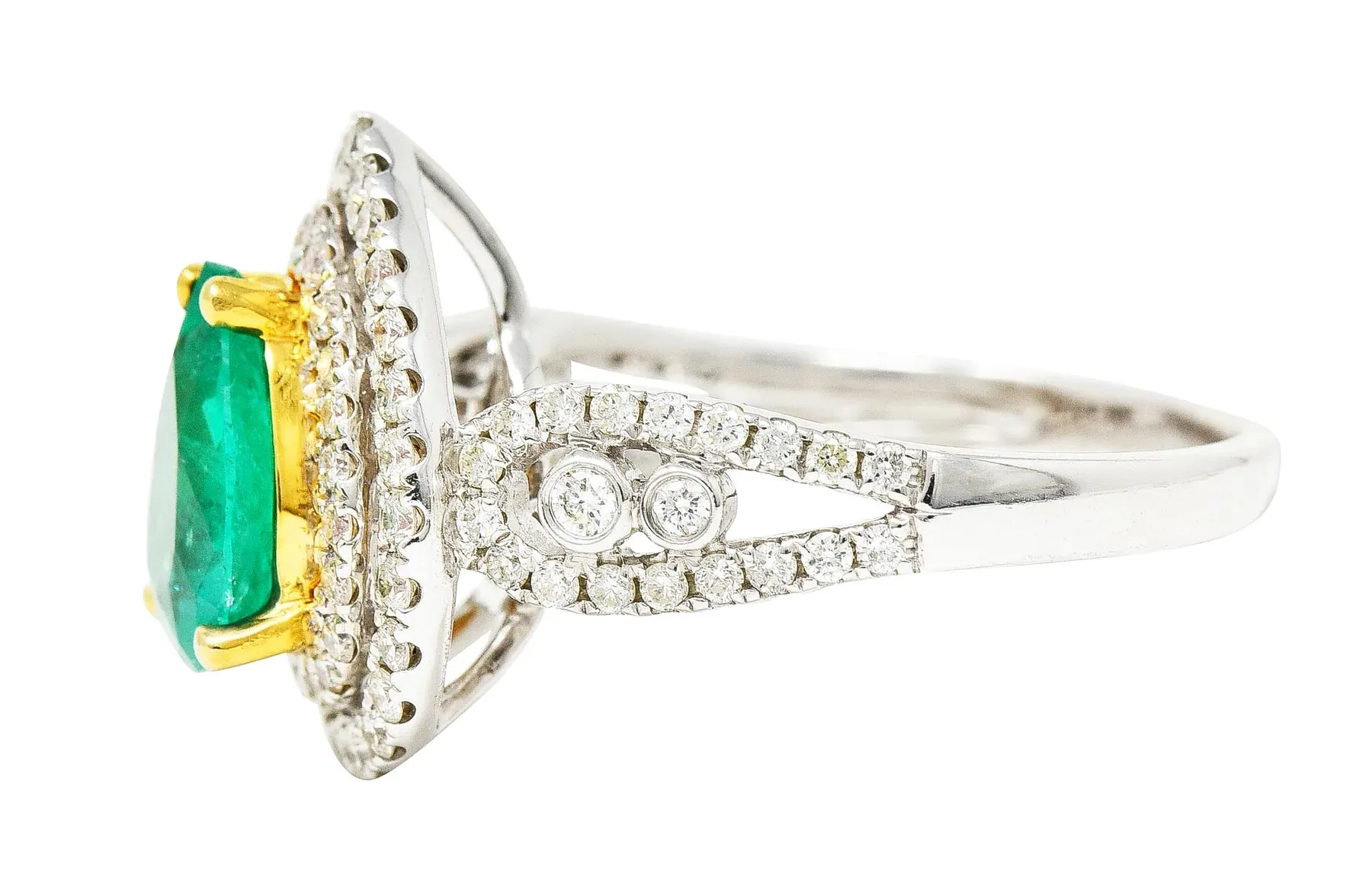 CONTEMPORARY 2.00 CTW EMERALD DIAMOND 14 KARAT TWO-TONE GOLD DOUBLE HALO RING