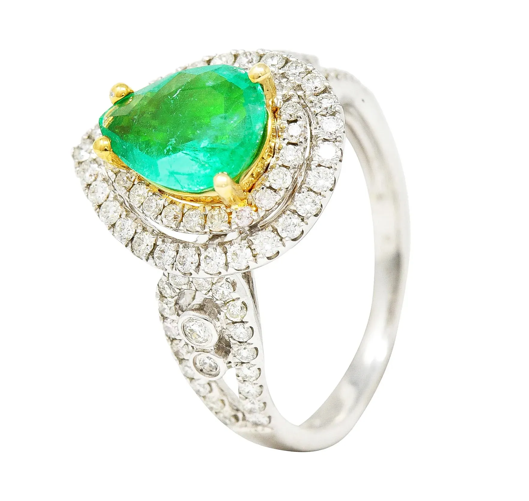 CONTEMPORARY 2.00 CTW EMERALD DIAMOND 14 KARAT TWO-TONE GOLD DOUBLE HALO RING