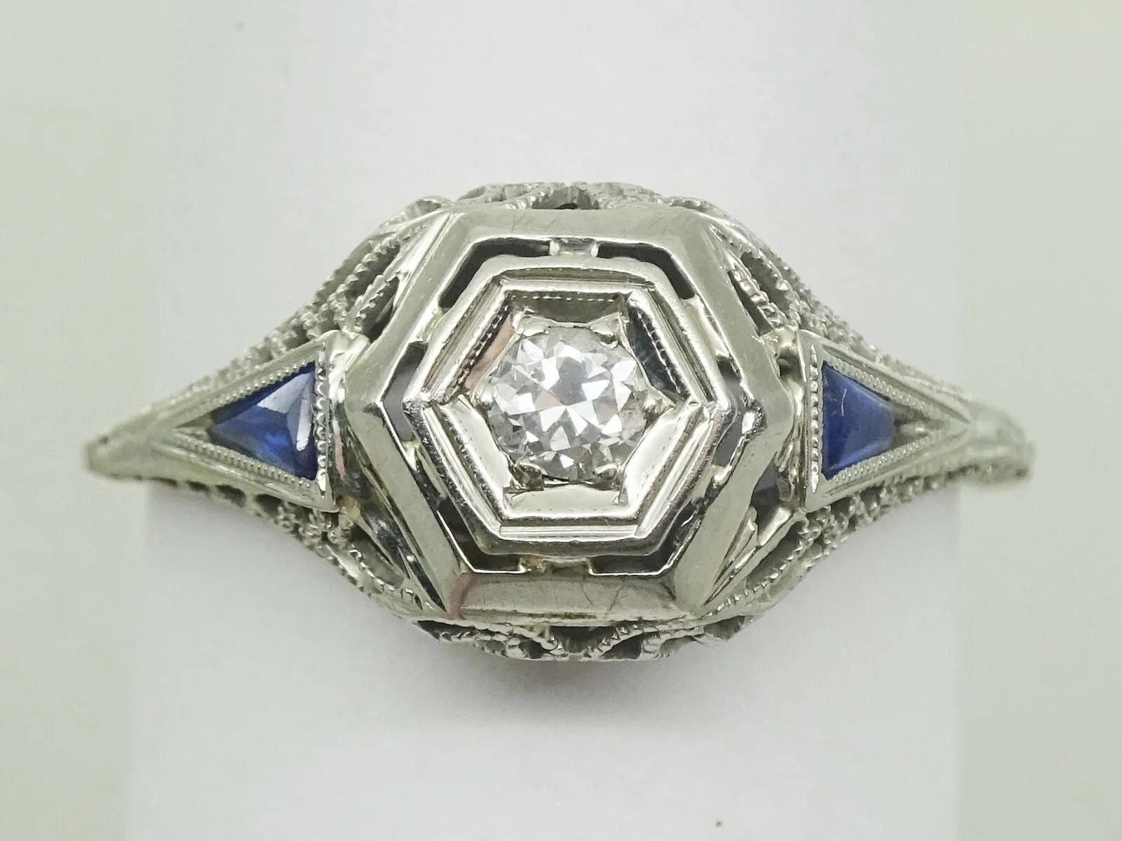 Edwardian Platinum Diamond & Sapphire Filigree Ring Size 7.5