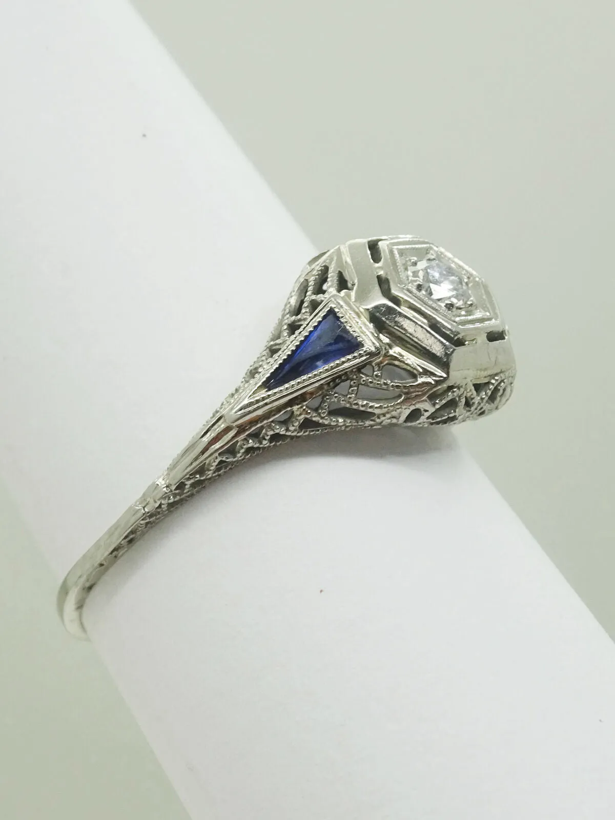 Edwardian Platinum Diamond & Sapphire Filigree Ring Size 7.5