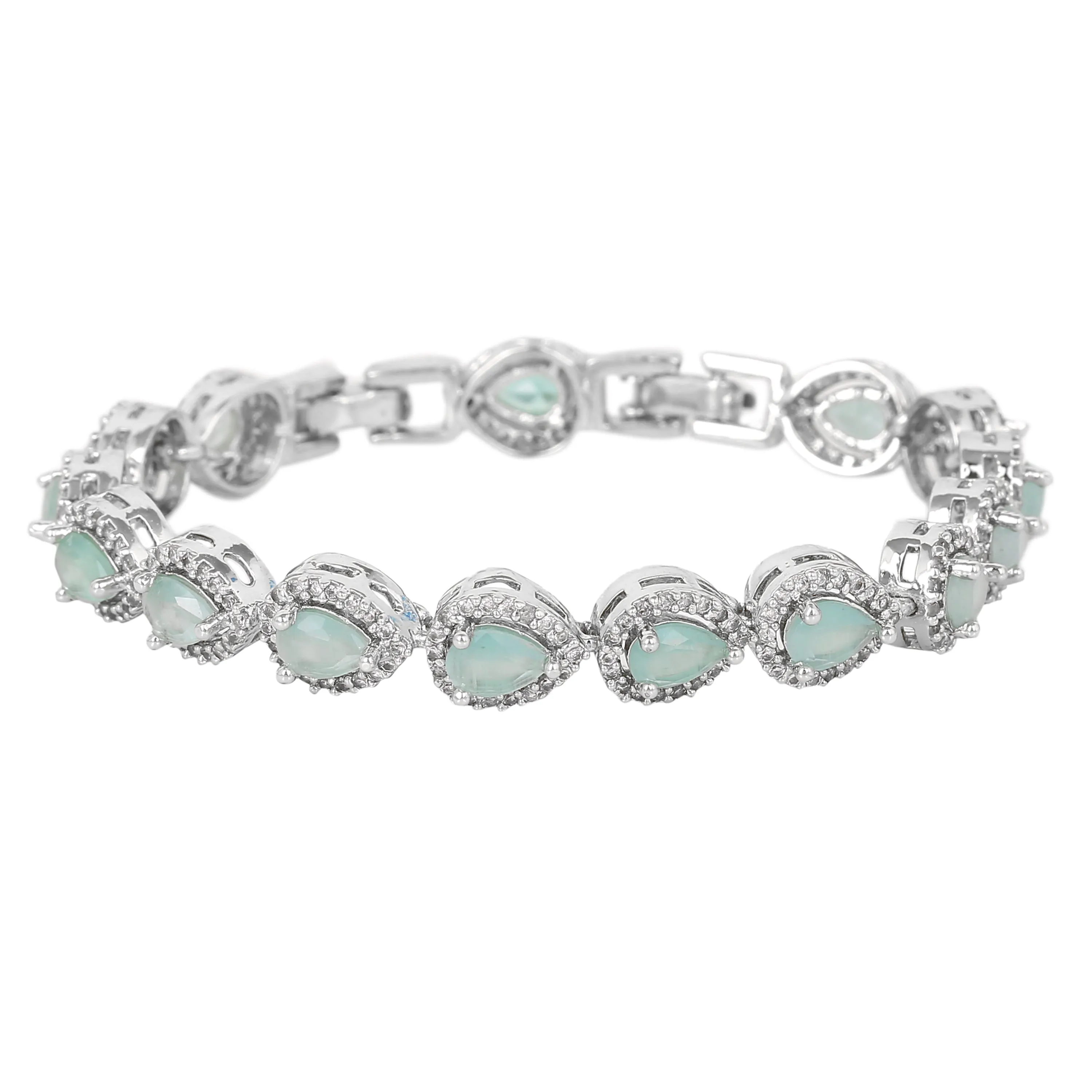 Estele Rhodium Plated CZ Classic Drop Designer Bracelet with Mint Green Stones for Women