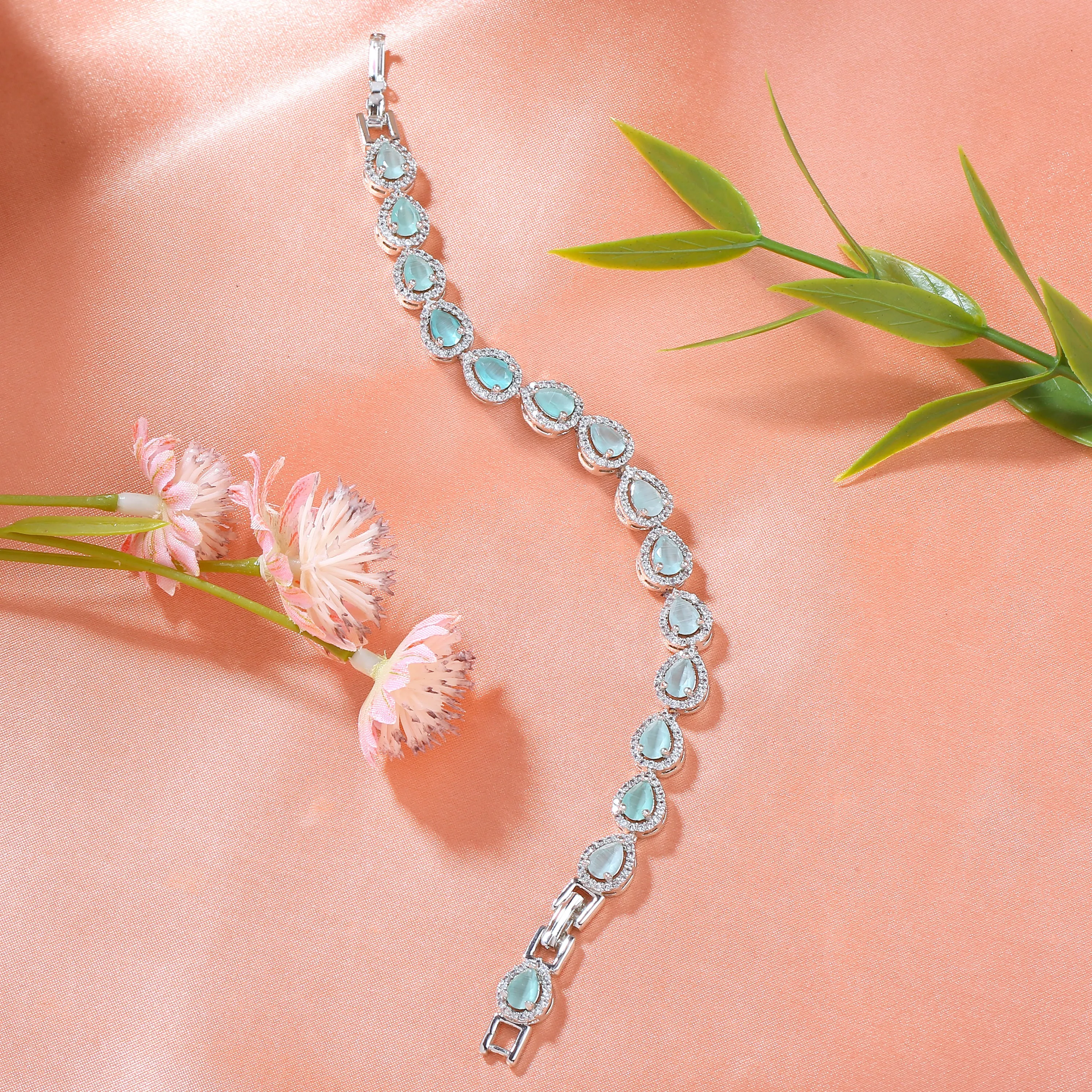 Estele Rhodium Plated CZ Classic Drop Designer Bracelet with Mint Green Stones for Women